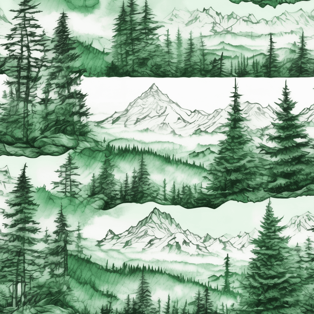 Design an arm sleeve tattoo of an evergreen forrest layered with fog and snow-capped peaks far away in the distance using only shades of green and white colors. Everything must be low contrast and wrap around seamlessly. No frame. No sky.
