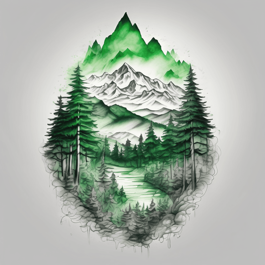Design an arm sleeve tattoo of an evergreen forrest layered with fog and snow-capped peaks far away in the distance using only shades of green and grey colors. Everything must be low contrast and wrap around seamlessly. No frame. No sky.