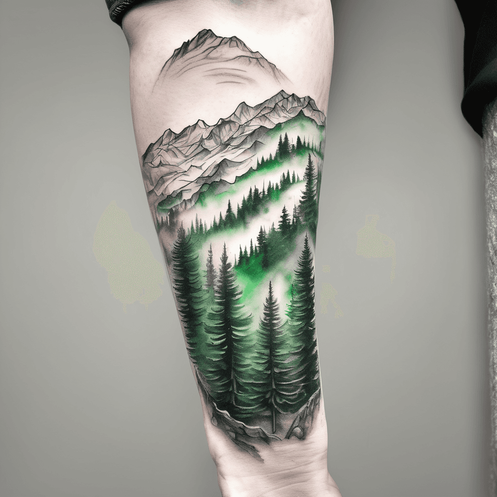 Design a 7x12" full sleeve tattoo of an evergreen forrest with fog and snow-capped peaks far away in the distance using only shades of green and light grey colors. Everything must be low contrast and wrap around seamlessly. No frame. No sky.