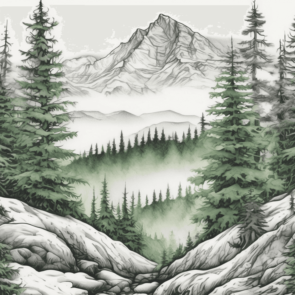 Design a 7x12" full sleeve tattoo of an evergreen forrest with fog and snow-capped peaks far away in the distance using only shades of green and light grey colors. Everything must be low contrast and wrap around seamlessly. No frame. No sky.