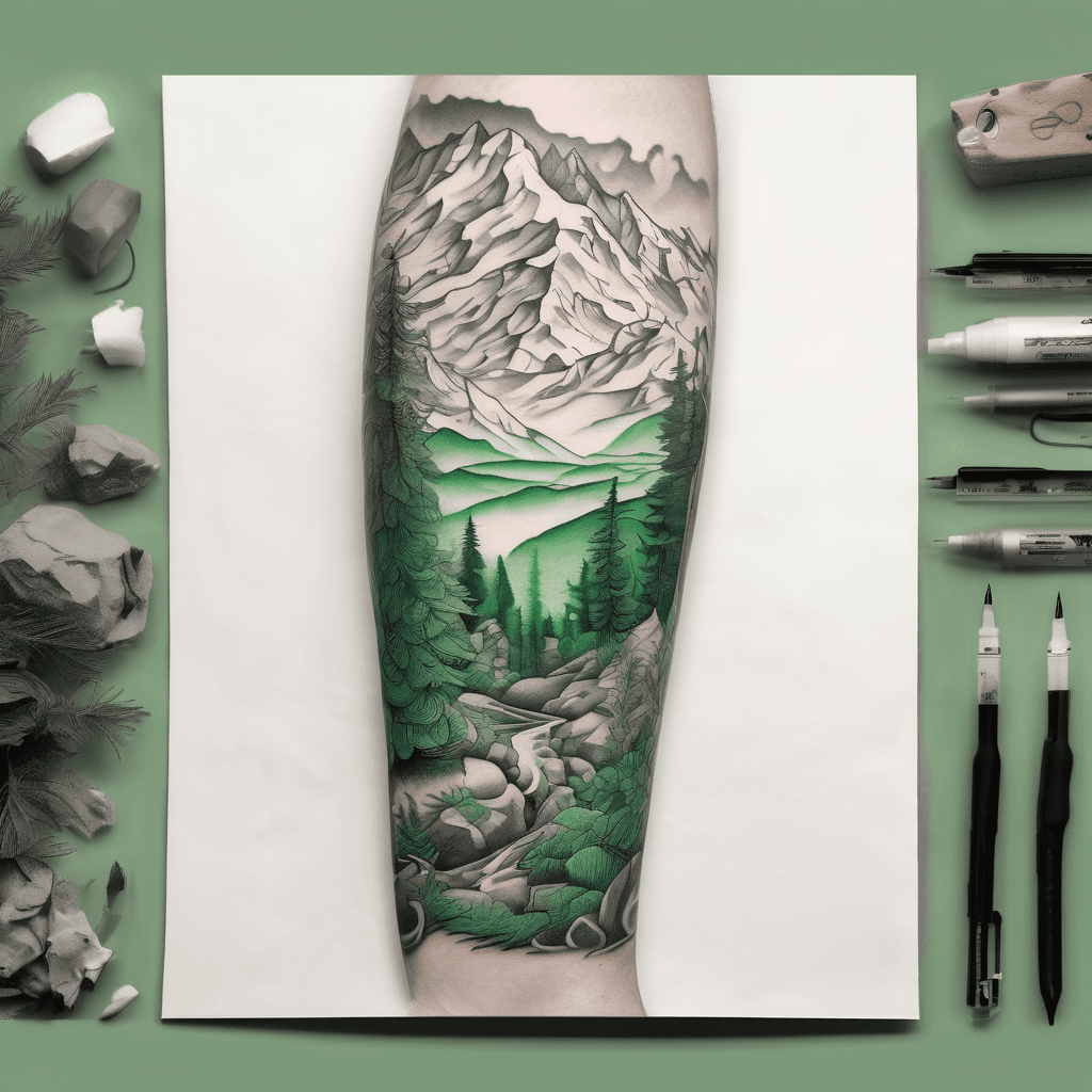 Design a 7x12" full sleeve tattoo of a n alpine forrest with fog and snow-capped peaks far away in the distance using only shades of green and light grey colors. Everything must be low contrast and wrap around seamlessly. No frame. No sky.