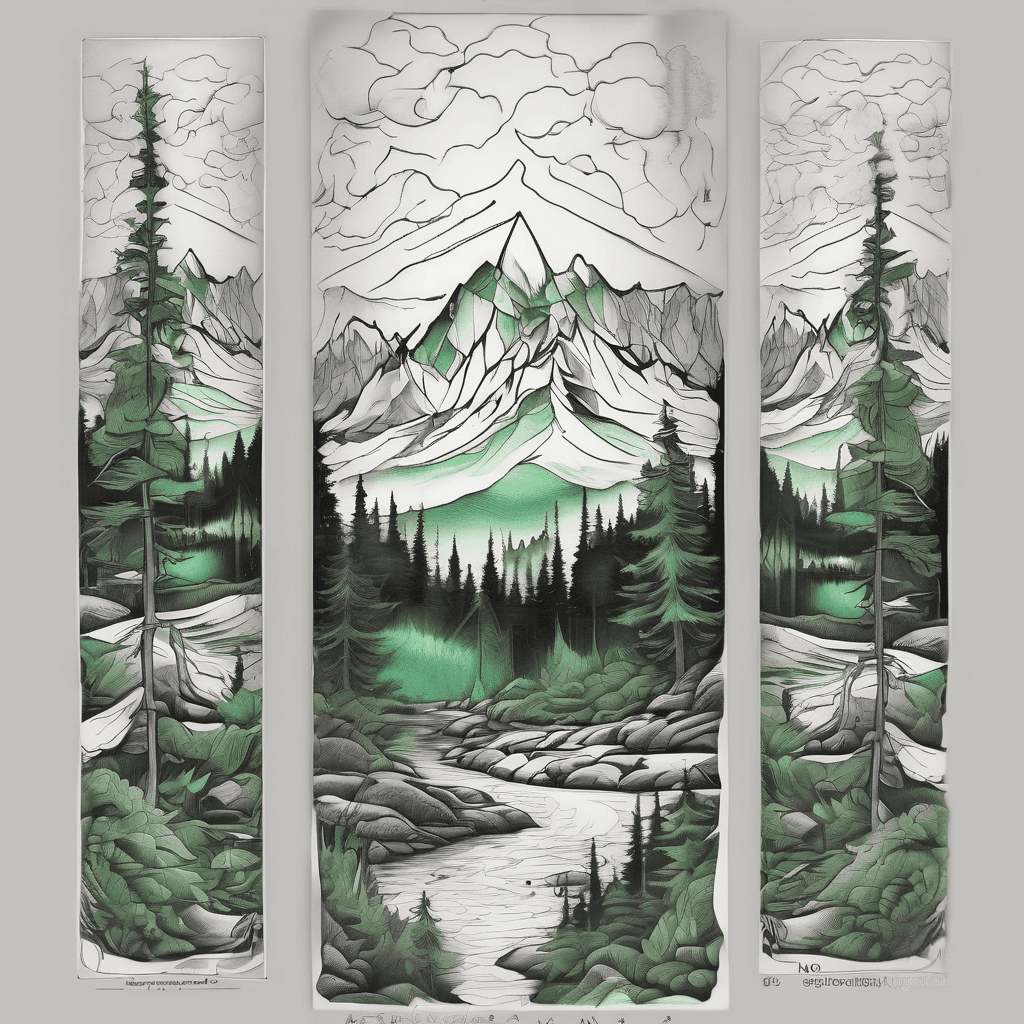 Design a 7x12" full sleeve tattoo of a n alpine forrest with fog and snow-capped peaks far away in the distance using only shades of green and light grey colors. Everything must be low contrast and wrap around seamlessly. No frame. No sky.