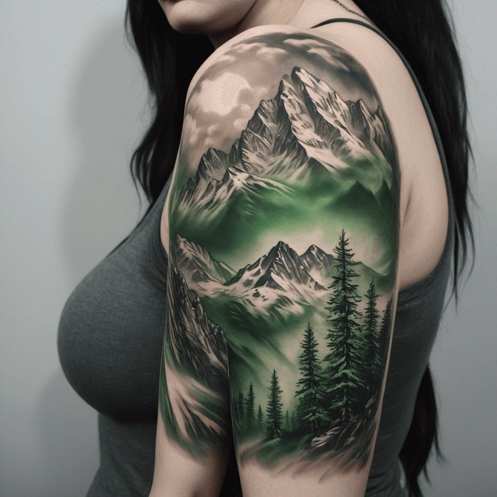 Design a 7x12" full sleeve tattoo of the Sierra Nevada forrest in the morning fog and small snow-capped peaks in the distance using only shades of green and light grey colors. Everything must be low contrast and wrap around seamlessly.