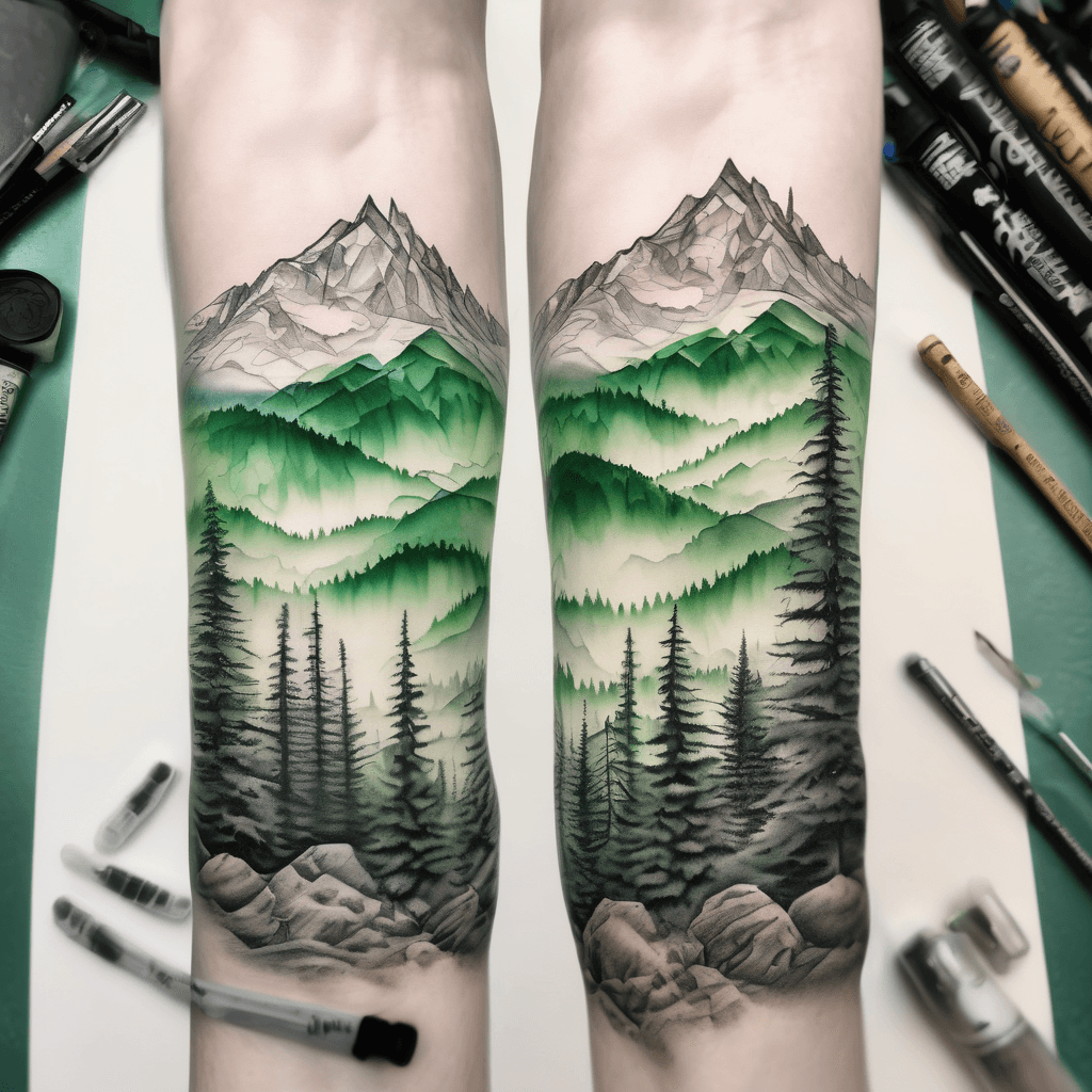 Design a 7x12" full sleeve tattoo of the Sierra Nevada forrest in the morning fog and small snow-capped peaks in the distance using only shades of green and light grey colors. Everything must be low contrast and wrap around seamlessly.