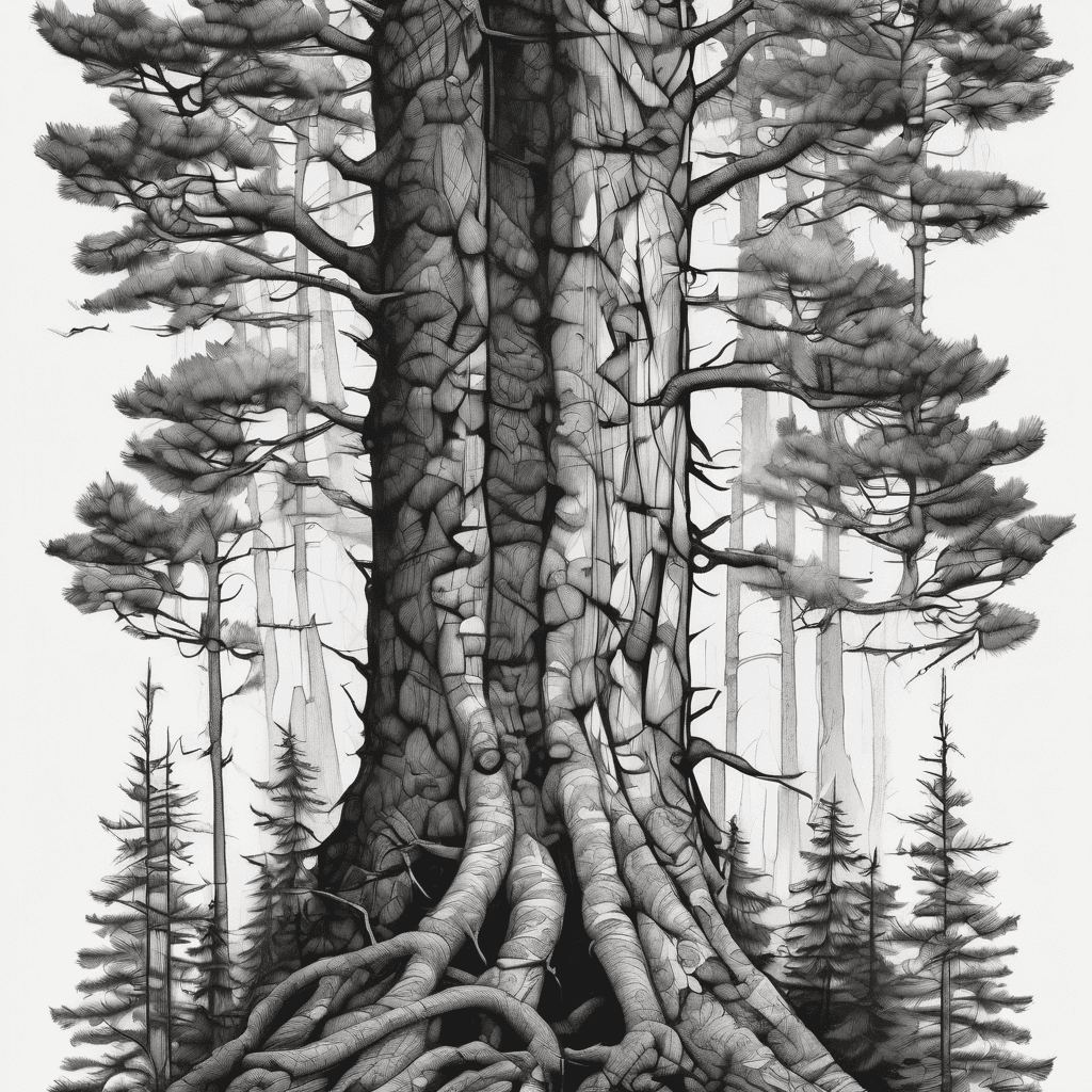 Blackwork fineline forest: dense pines; one trunk's negative-space reveals subtle female silhouette bound in ropes. High-contrast, dotwork shading.