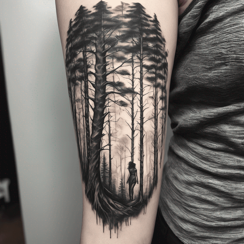 Blackwork forest tattoo: dense trees, one trunk shows a subtle silhouette of a woman bound by ropes; fine-line, high-contrast.