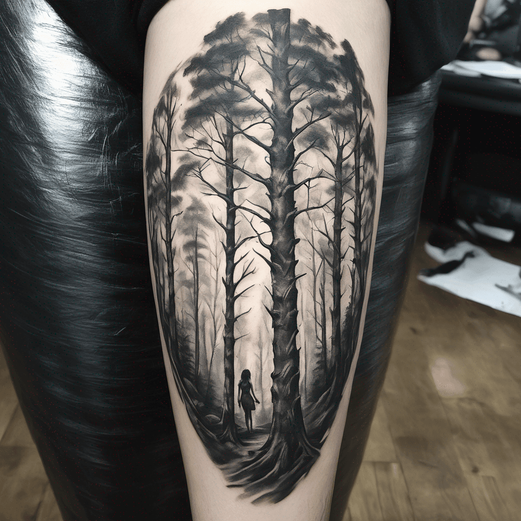 Blackwork forest tattoo: dense trees, one trunk shows a subtle silhouette of a woman bound by ropes; fine-line, high-contrast.