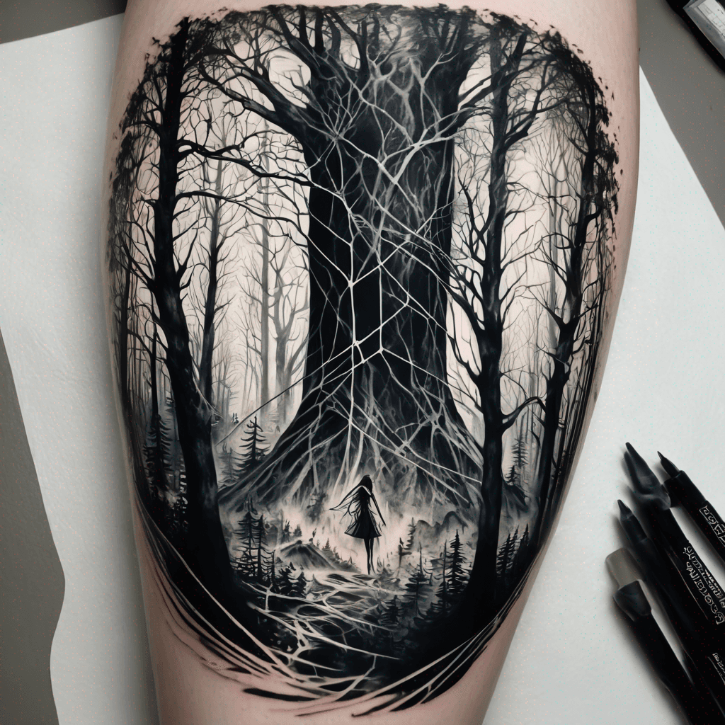 Blackwork forest tattoo: dense trees, one trunk shows a subtle silhouette of a woman bound by ropes; fine-line, high-contrast.