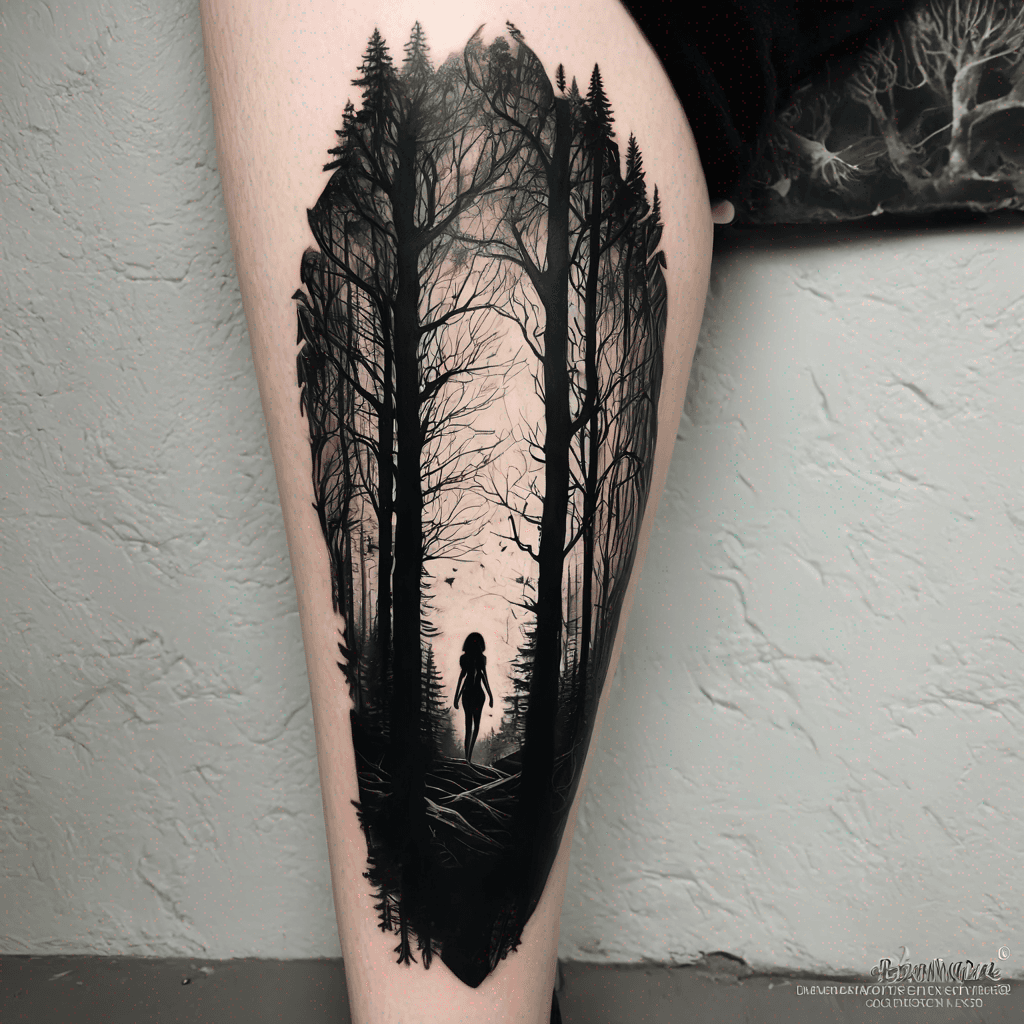 Blackwork forest tattoo: dense trees, one trunk shows a subtle silhouette of a woman bound by ropes; fine-line, high-contrast.