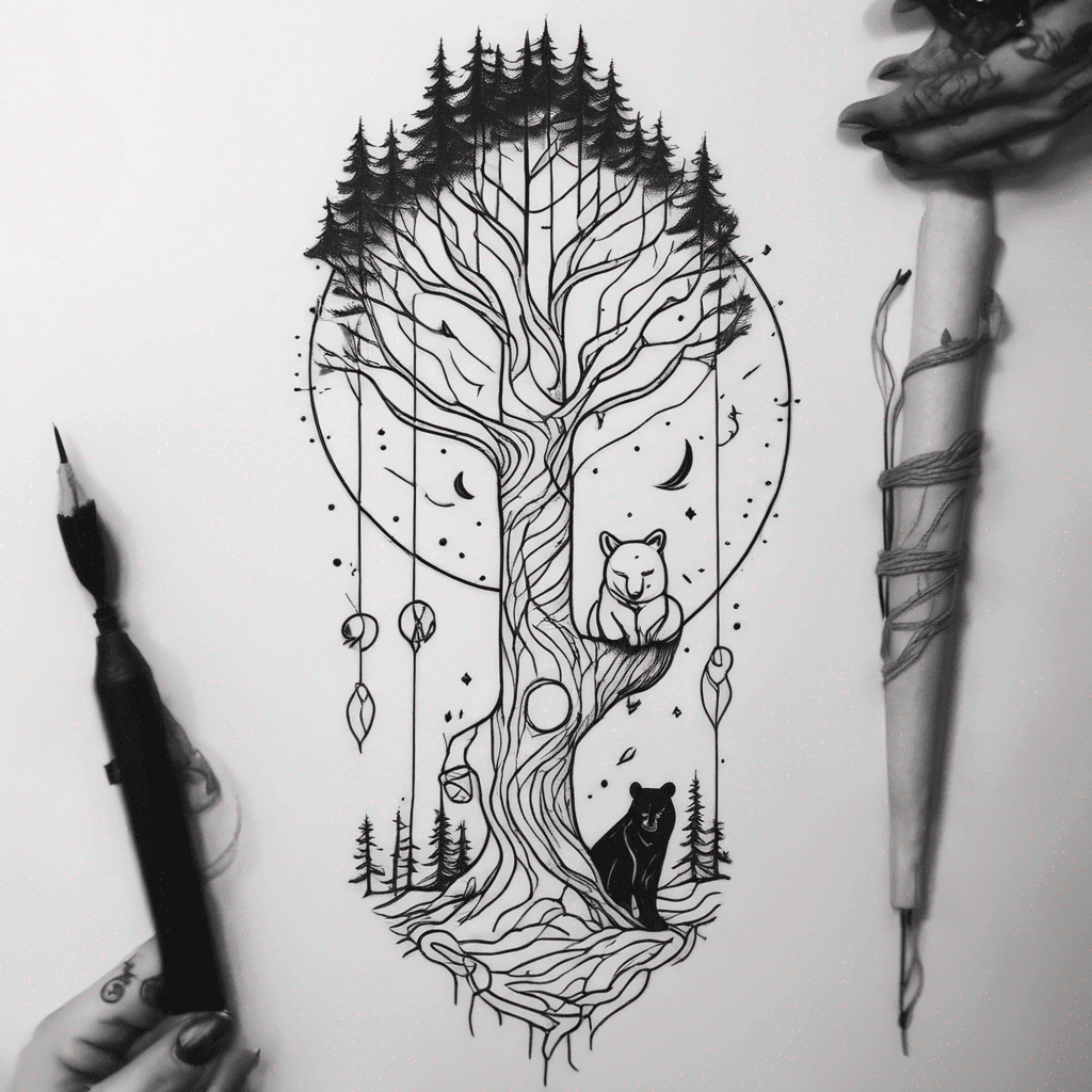 Deep forest scene, single gnarly tree with adult woman bound to trunk by ropes (non-graphic), cat and bear in background, blackwork dotwork tattoo