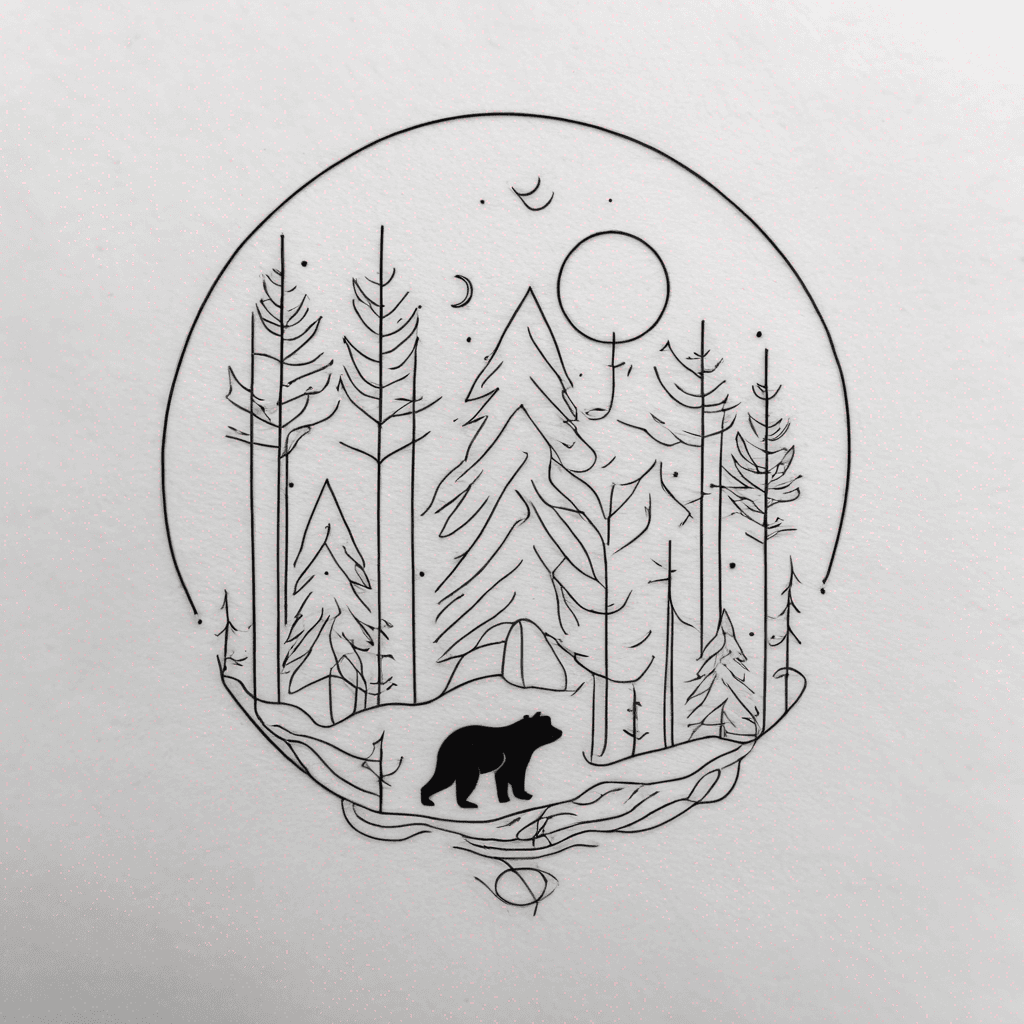 Blackwork fine-line forest: dense trunks; one trunk contains rope-bound woman silhouette; tiny cat & bear in backgroundonce; high-contrast, crisp