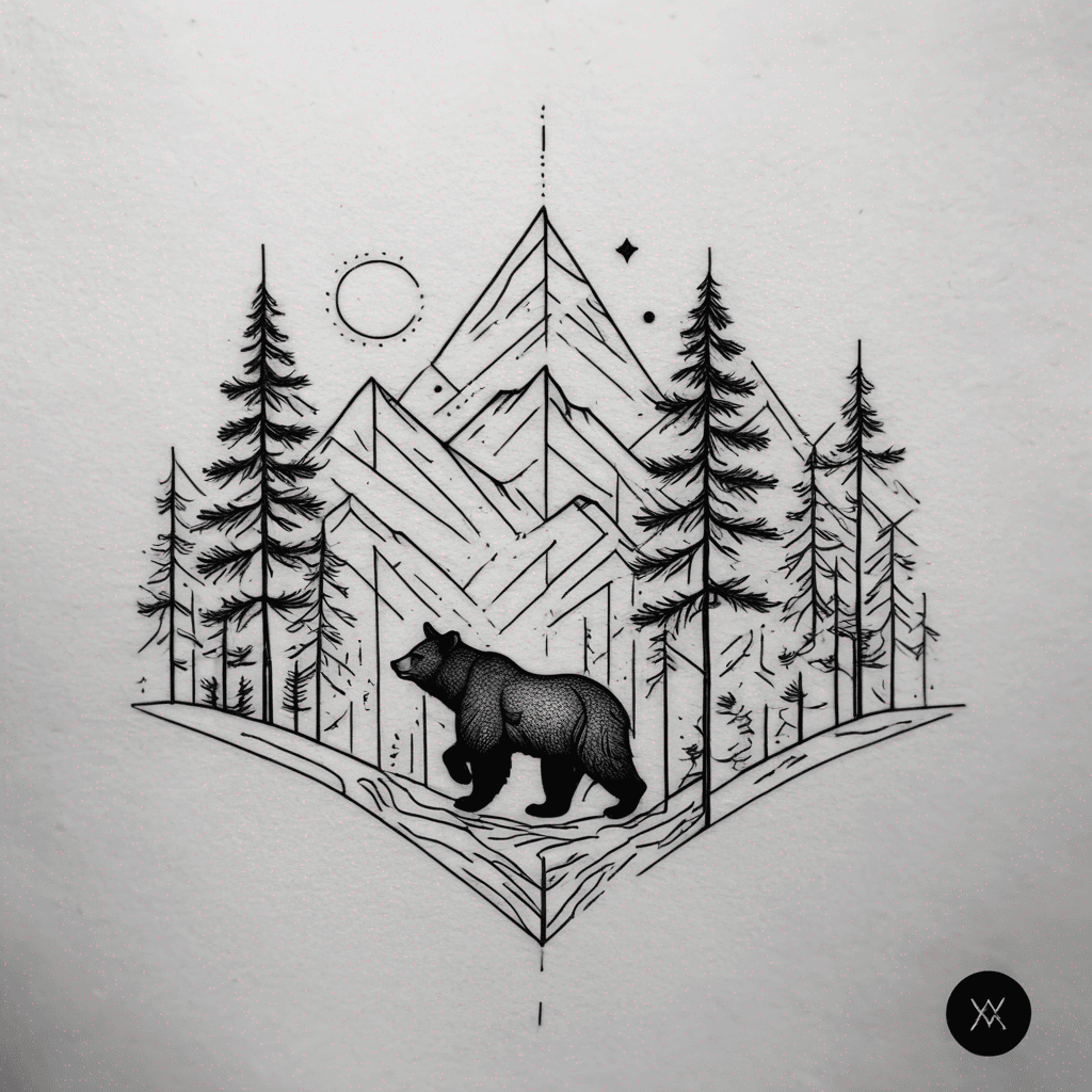Fine-line blackwork tattoo: dense pine forest, misty midground; bear and lynx side-by-side as subtle silhouettes, stippling