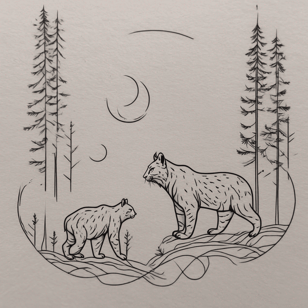 Lynx and bear side-by-side in dense misty old-growth forest; fine-line blackwork, detailed fur, negative-space trees, moon backdrop, strong contrast