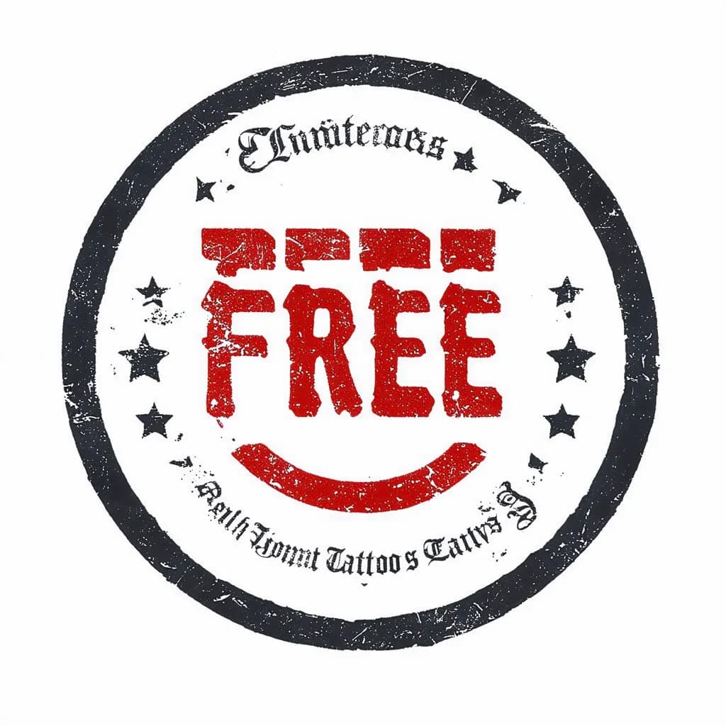 Vintage circular rubber-stamp tattoo reading FREE USE in bold distressed uppercase, red ink, grunge texture, 2" diameter, crisp stencil-ready edges