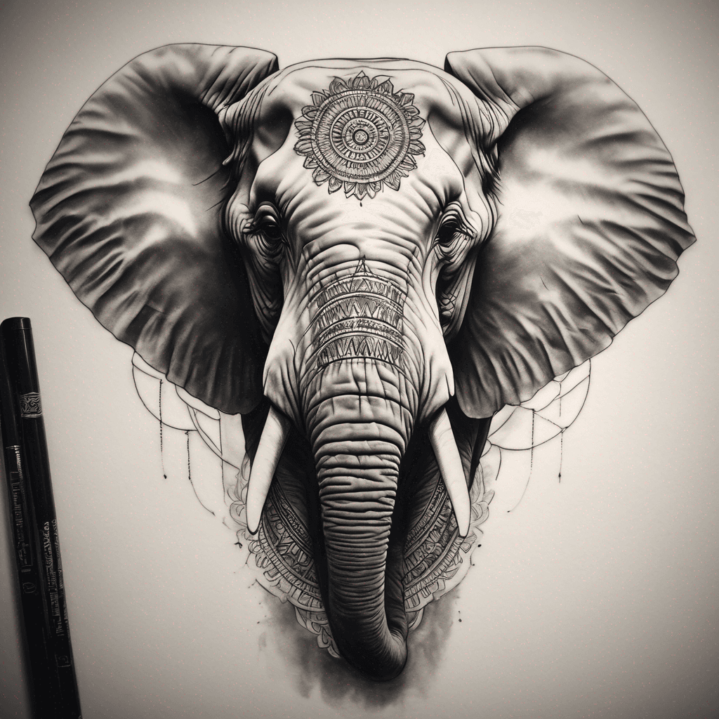 Minimalist feminine realistic front-facing elephant head, trunk up, fine-line black ink, delicate mandala halo, subtle shading, integrated 1936-2009