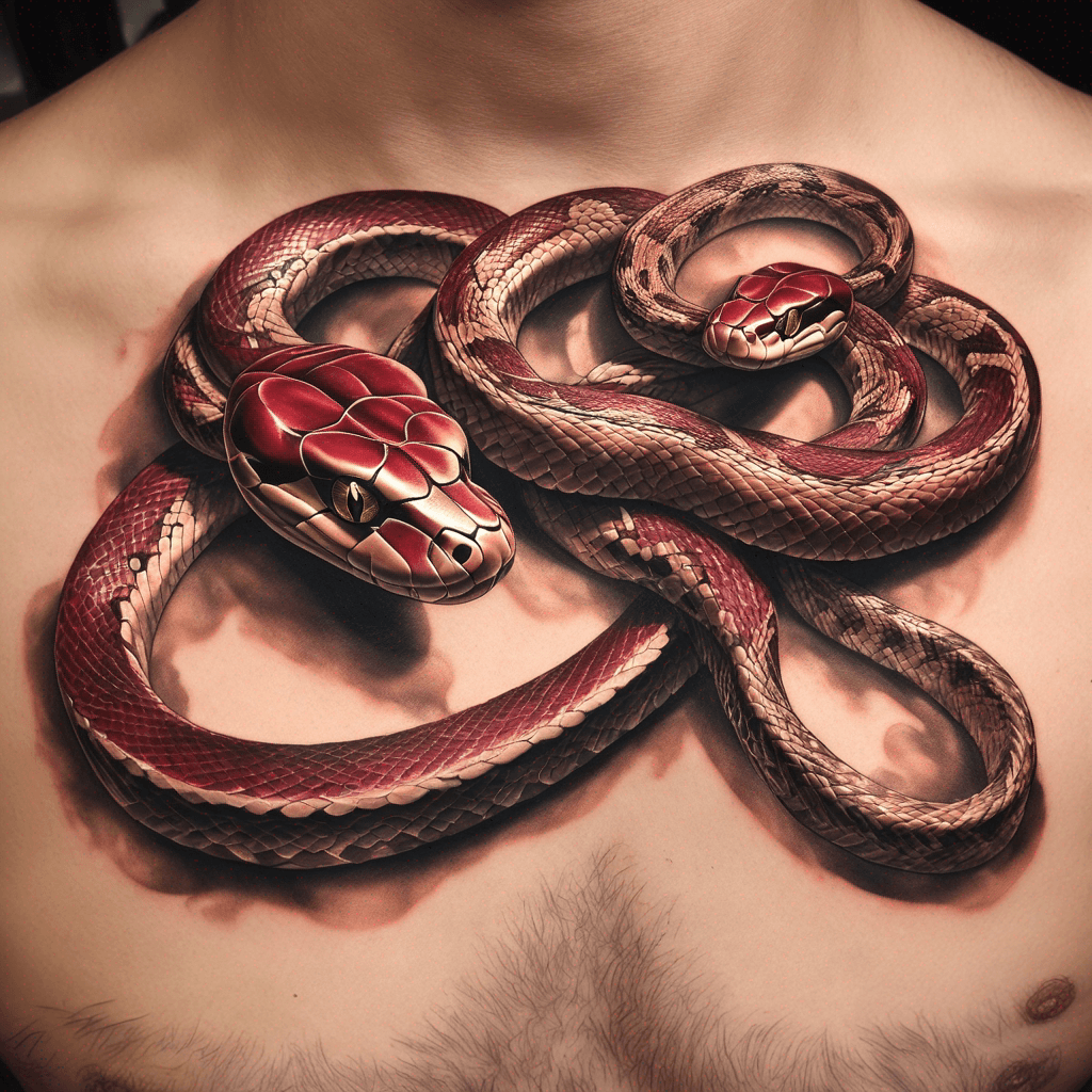 Two separate snakes, not touching each other at all, facing each other, they are both coiled up, with gold chains of ruby jewelry that they are wearing stretched between them.
