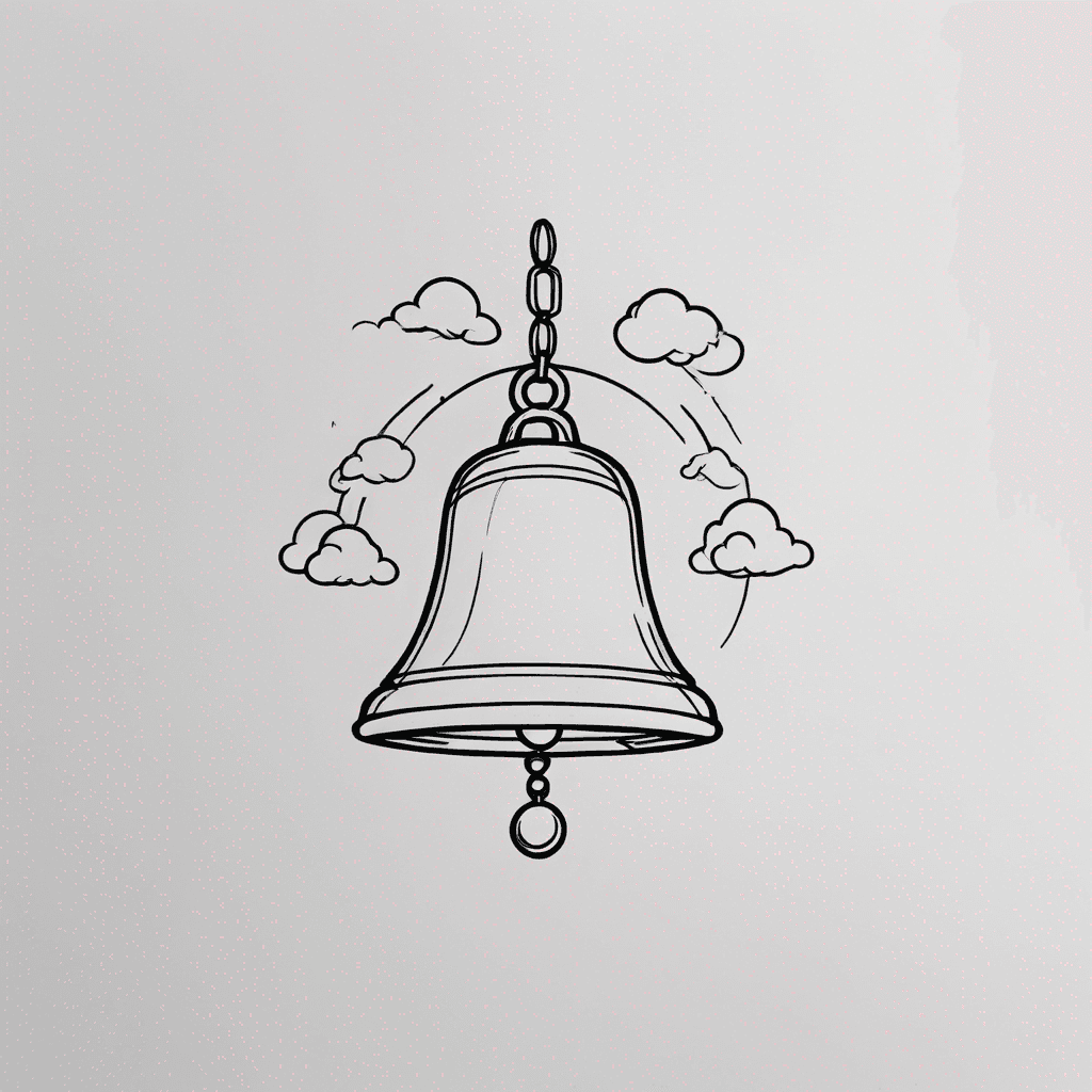 • Brass bell surrounded by clouds. The clouds are dispersing outwards from the bell, as though being cleared by a gust of wind eminating from the bell.