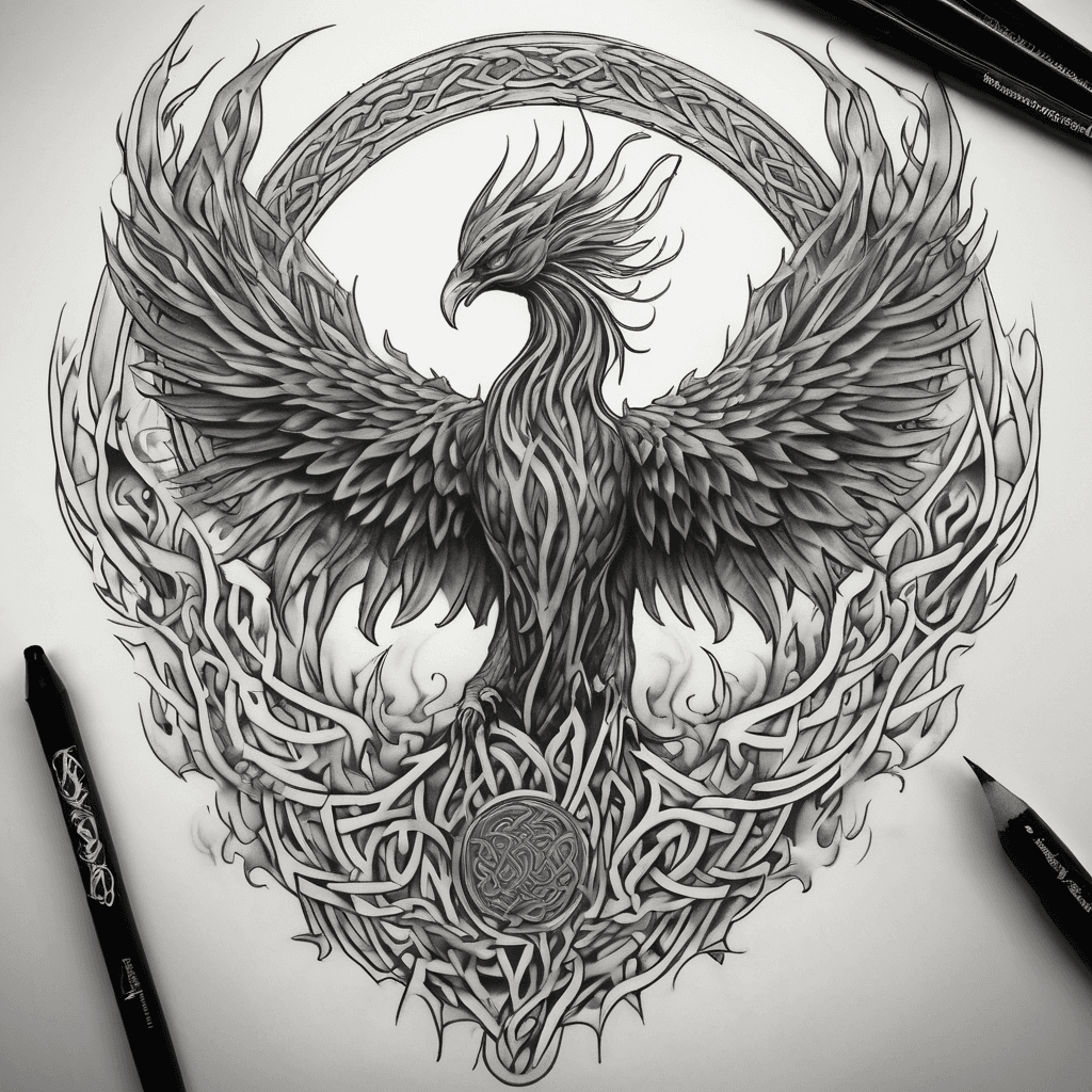 Celtic designed phoenix rising from flames
