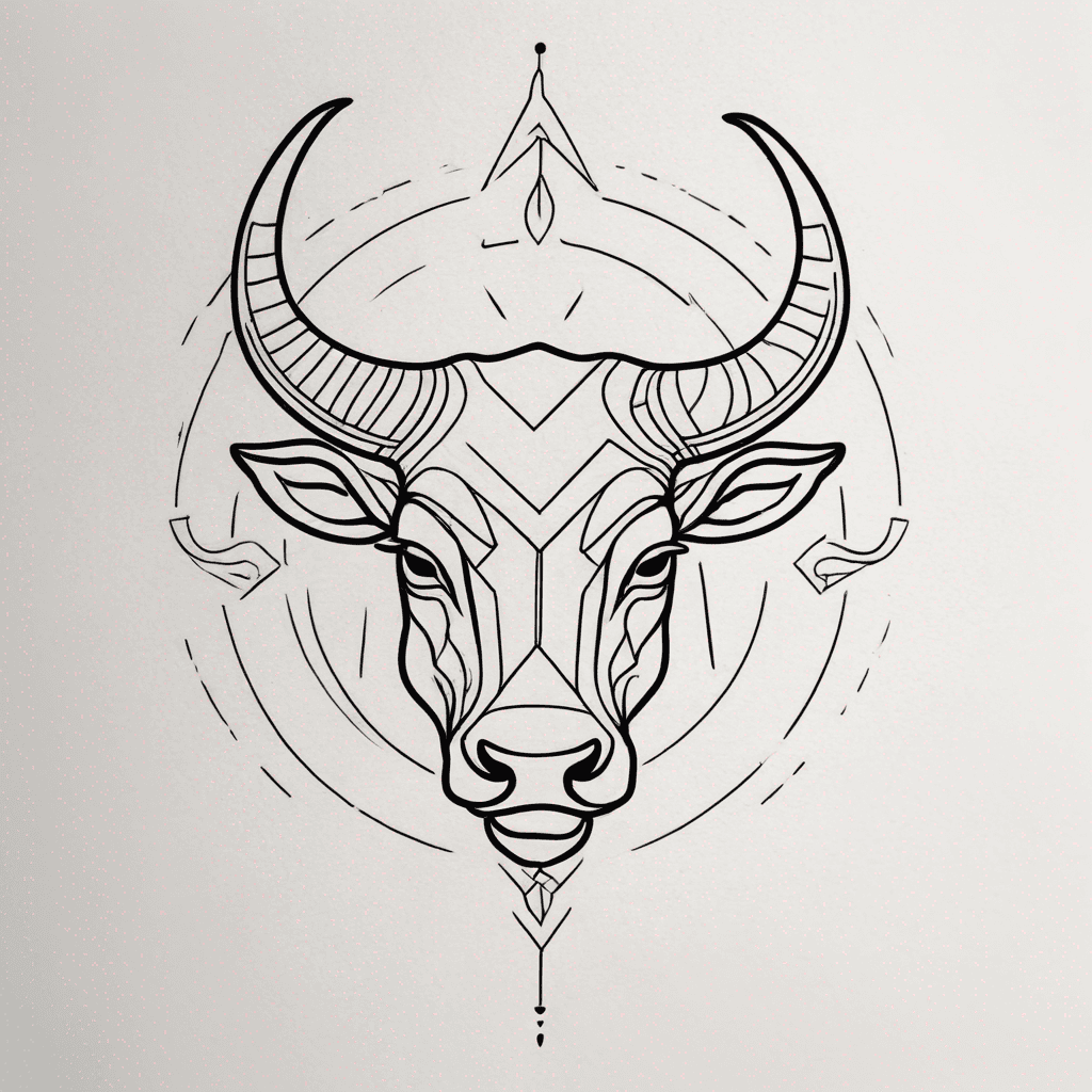 Fierce Taurus bull head centered at nape/top of back, bold black ink, detailed horns, textured shading, geometric ornamental accents, high contrast