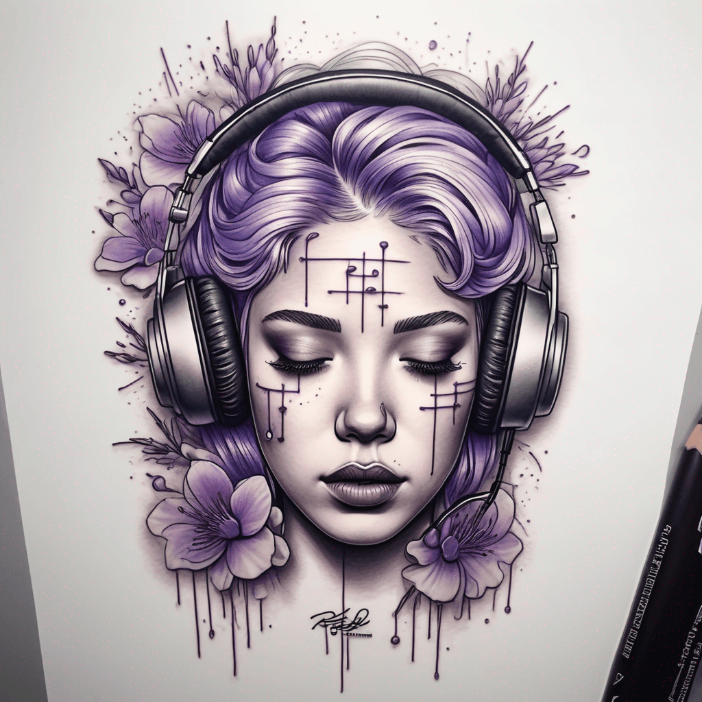 Fine-line minimalist tattoo, radio dial, delicate flowers turning to partial sunburst, fading purple rain lines, heaven, tears, music, radio