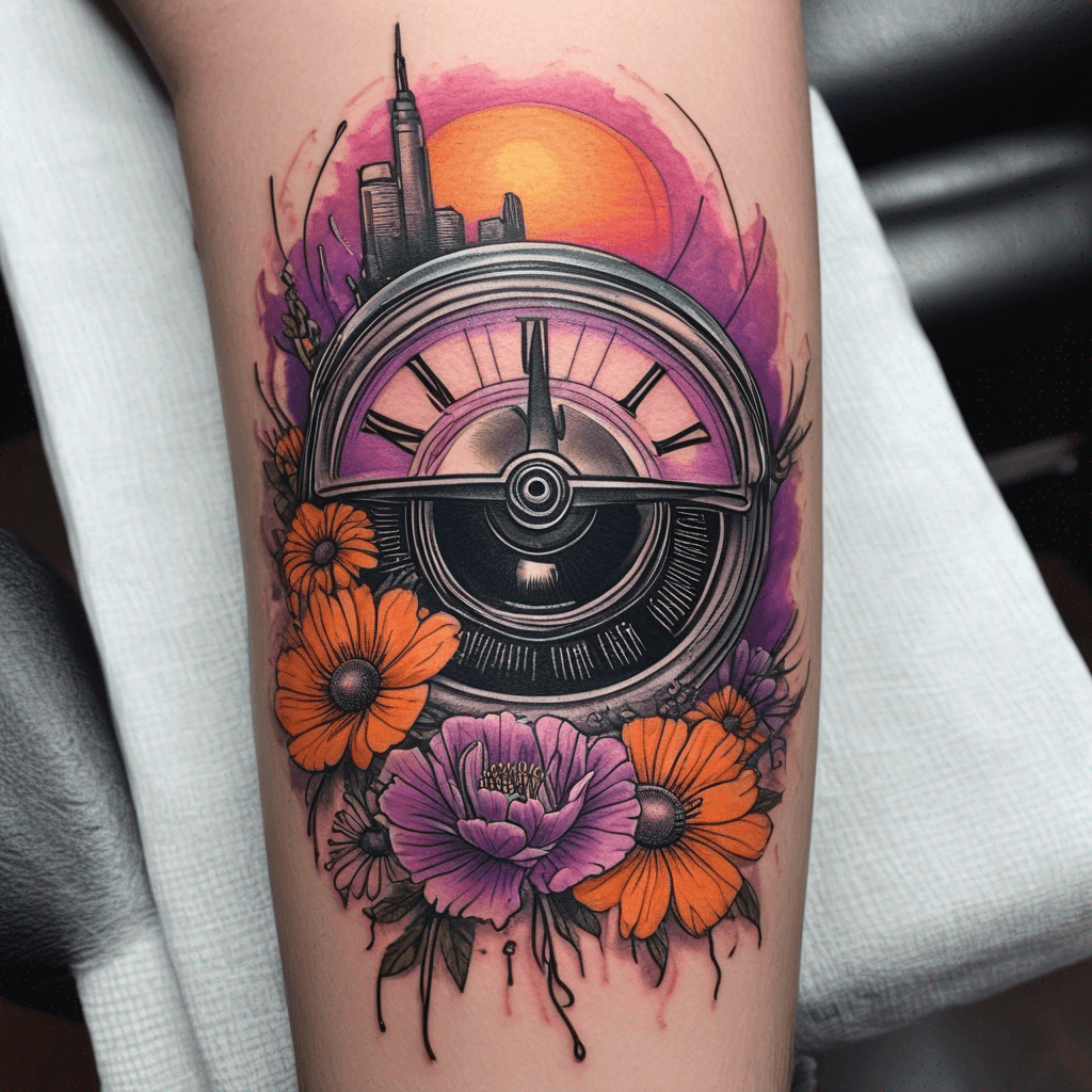 Fine-line inner-forearm tattoo: phantom, death, mist, retro radio dial, low minor tone, 3 wildflowers, sun; single-needle, soft purple rain