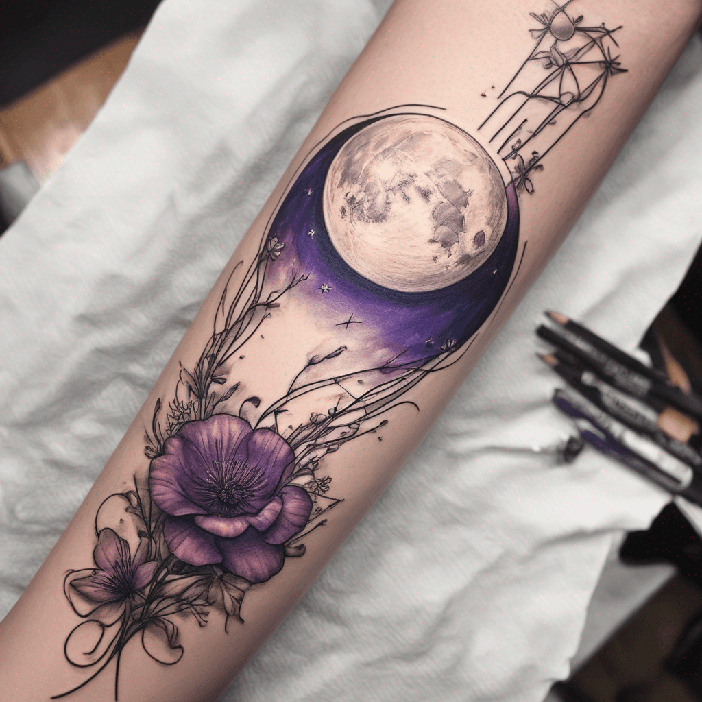 Fine-line forearm tattoo: two glasses toasting, crescent moon; wildflower & stars; purple rain lines; script Love learns to dream