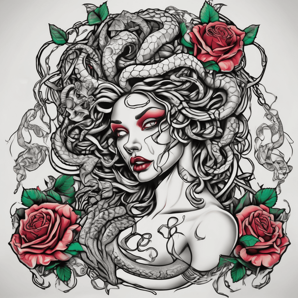 Medusa with 9 pythons and roses and butterflies