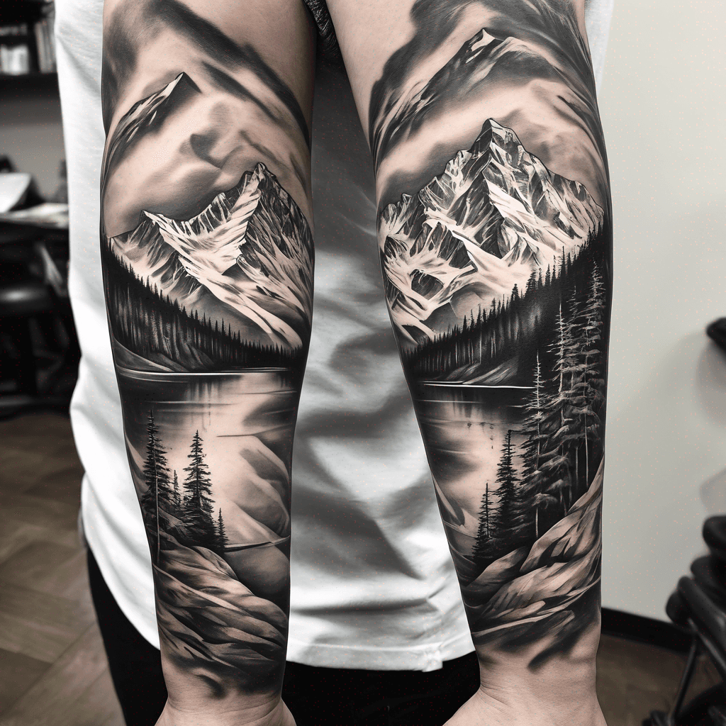 Full sleeve winter big mountains on top with high alpine lake flowing down to river thru canyon on lower arm