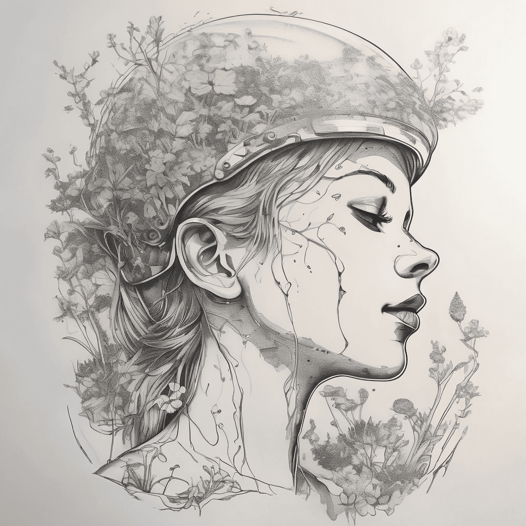 Small EVE silhouette (clean outline) Soft glow effect created with dotwork halo Thin sketch lines suggesting movement Tiny plant sprout reflected subtly in her visor