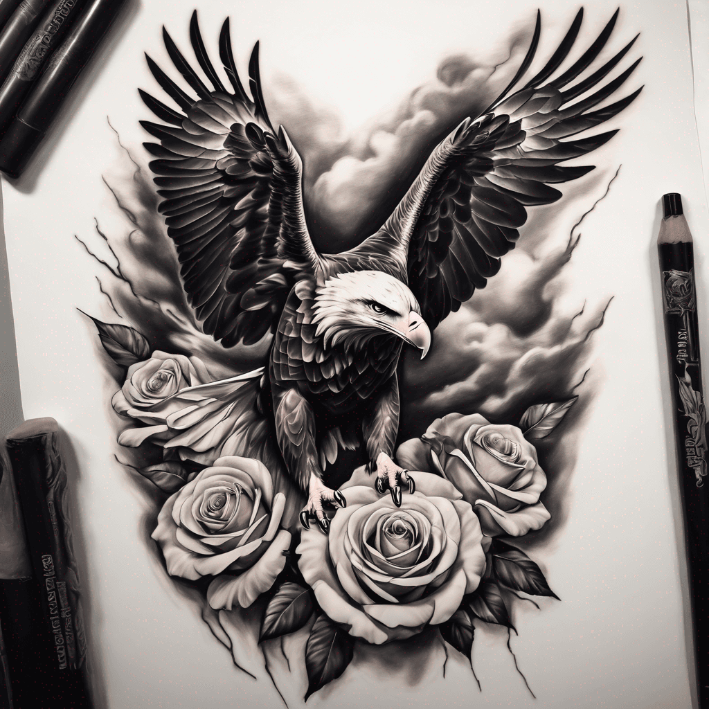 An eagle flying with a Juliet rose in it feet