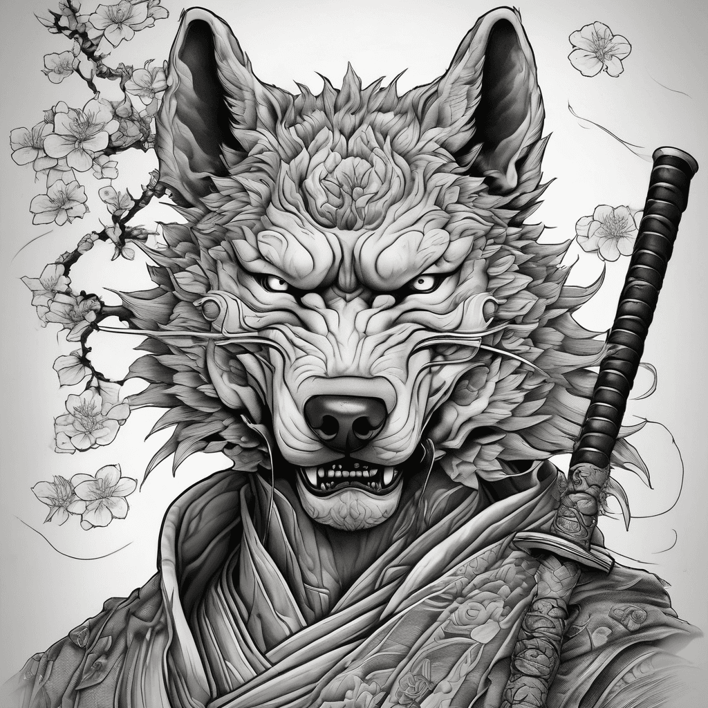Full body pose of Lean and muscular Japanese samurai wolf with pipe in his mouth with sword out ready for battle