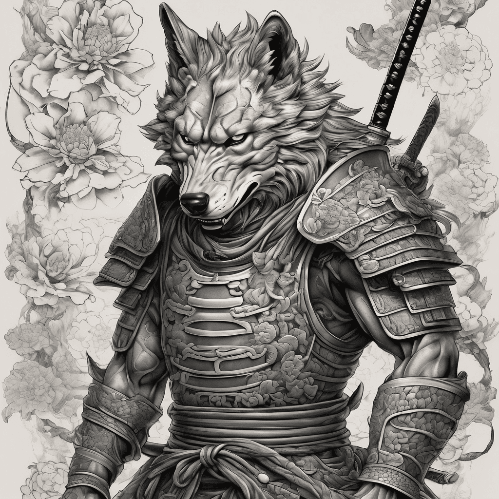 Full body pose of Lean and muscular Japanese samurai wolf with sword out and helmet on ready for battle