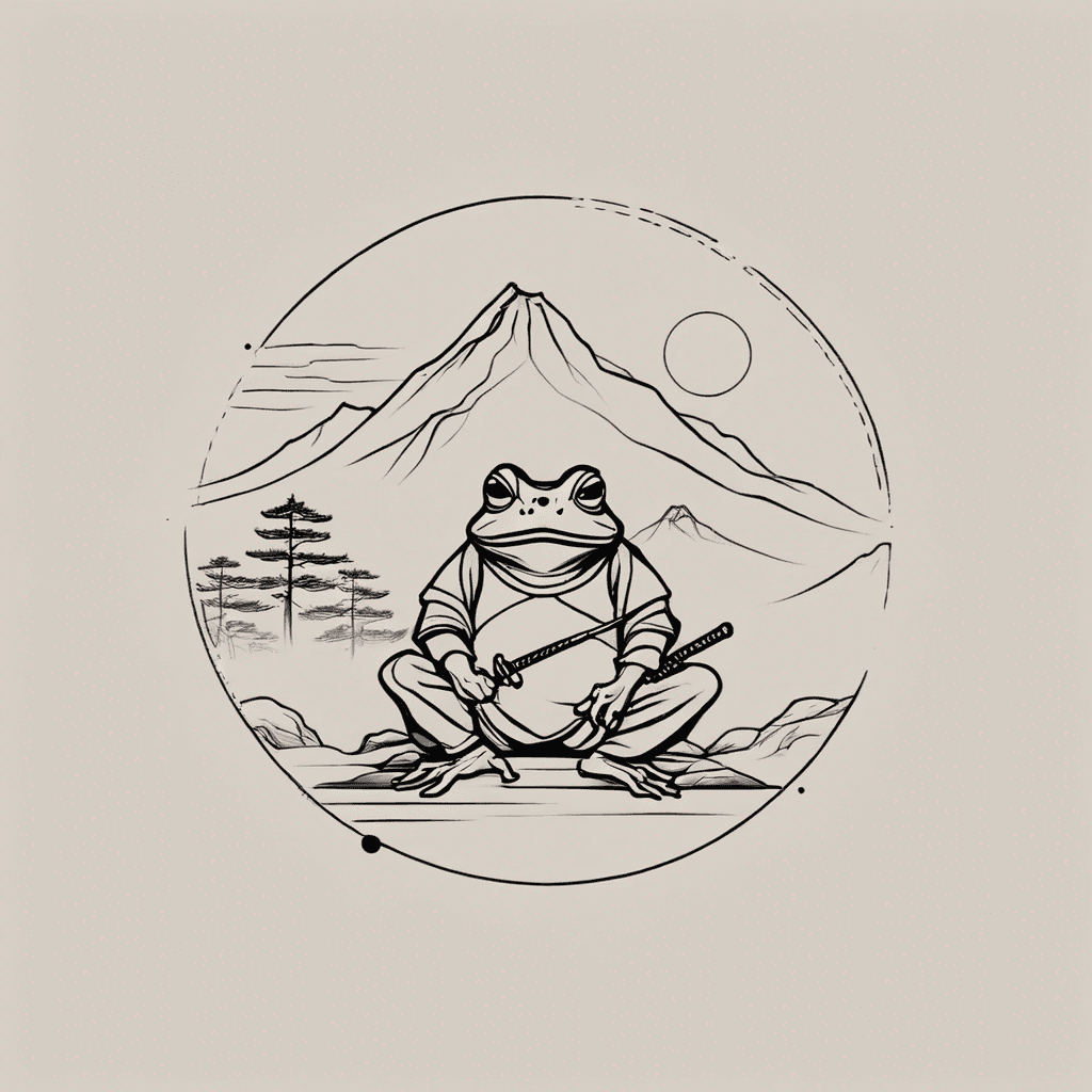 samurai frog alone at mountain temple, early morning mist, cold atmosphere, long shadows, japanese edo period realism, emotional calm tension, cinematic frame, comic illustration style