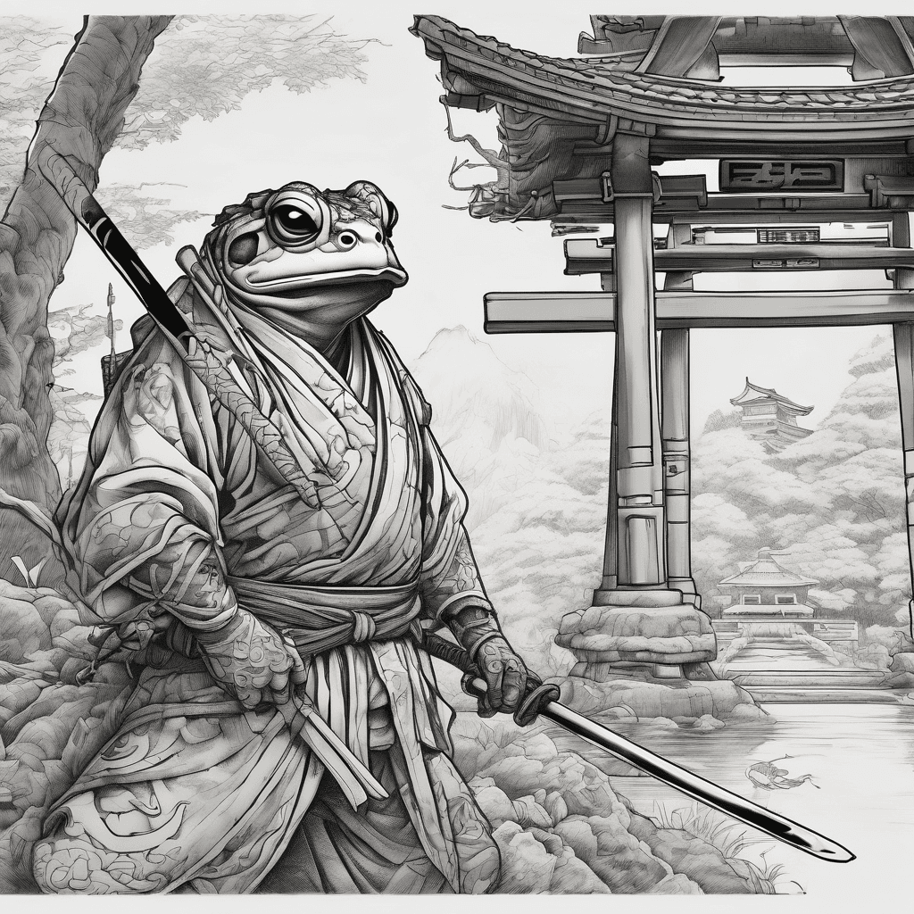 A cinematic game poster for a medieval Japan fantasy game, side view composition, a samurai toad warrior standing on the left side, facing right, ready to draw his katana, a mysterious yokai lurking in the shadows on the right side, dark bamboo forest in the background, ancient torii gate partially visible, cherry blossoms falling, full moon illuminating the scene, dramatic side lighting, traditional Japanese architecture, vibrant colors, highly detailed, digital painting style, cinematic composition, game cover art