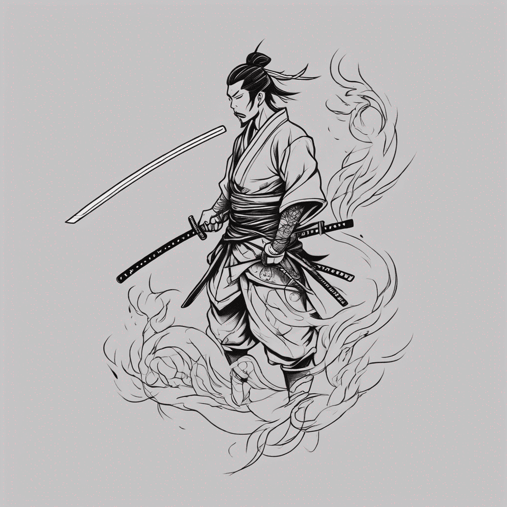 tattoo style illustration, samurai warrior wielding katana made of joint, smoke transforming into dragon, dark background manga-inspired, festival edgy aesthetic, central print,