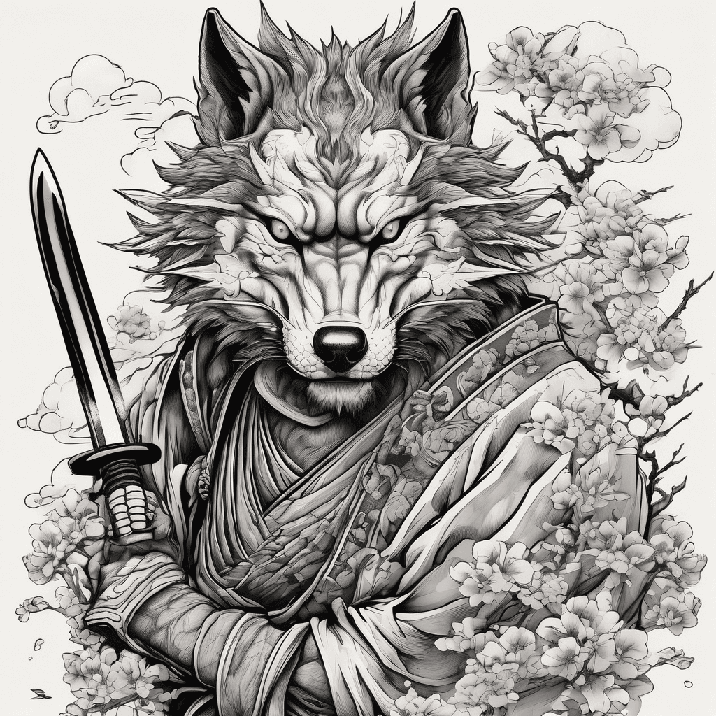 Samurai wolf holding katana sword above head cartoon style