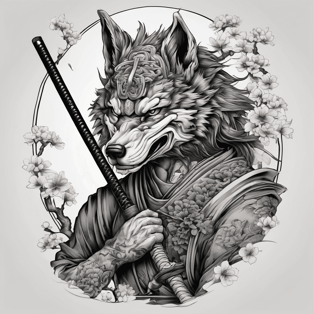 Samurai ronin wolf holding katana sword above head