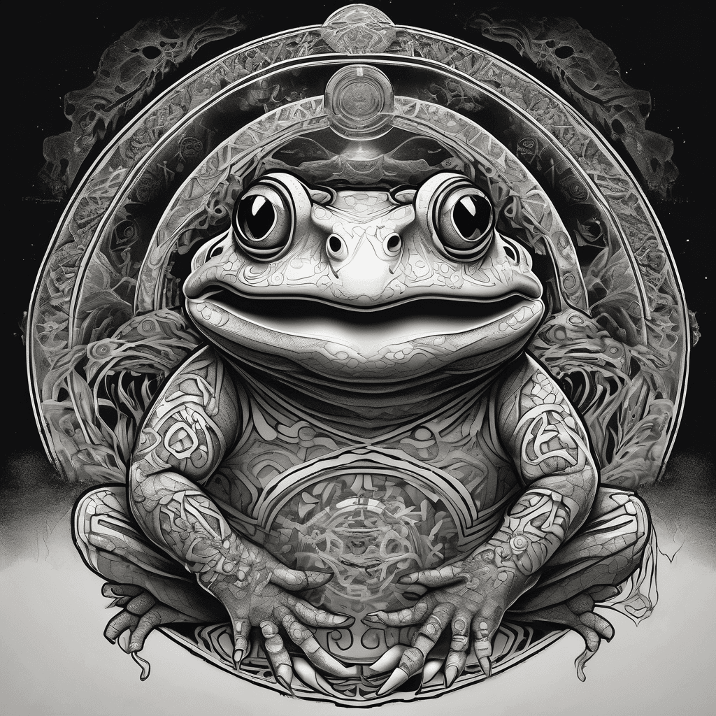 "Enlightened cosmic master toad in multidimensional meditation chamber, ancient Japanese aesthetics with holographic mandalas, dramatic lighting effects, intense transcendent expression, spiritual sci-fi atmosphere"