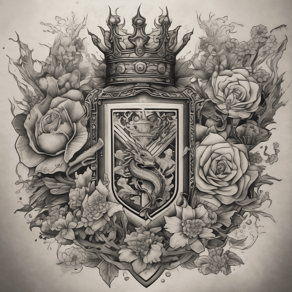 Four archetype emblems: ornate crown on throne; battle-worn sword & shield; magician's staff with lab vials; blooming flowers entwined with heart