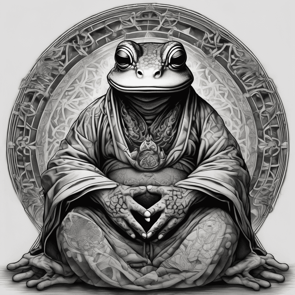 A meditating monk frog in robes, smoking pipe, surrounded by sacred geometrical patterns