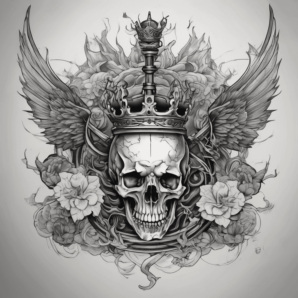 Tattoo of a crown, a sword, a sorcerers staff and a heart with wings in one picture. Intertwined them but keep seperate