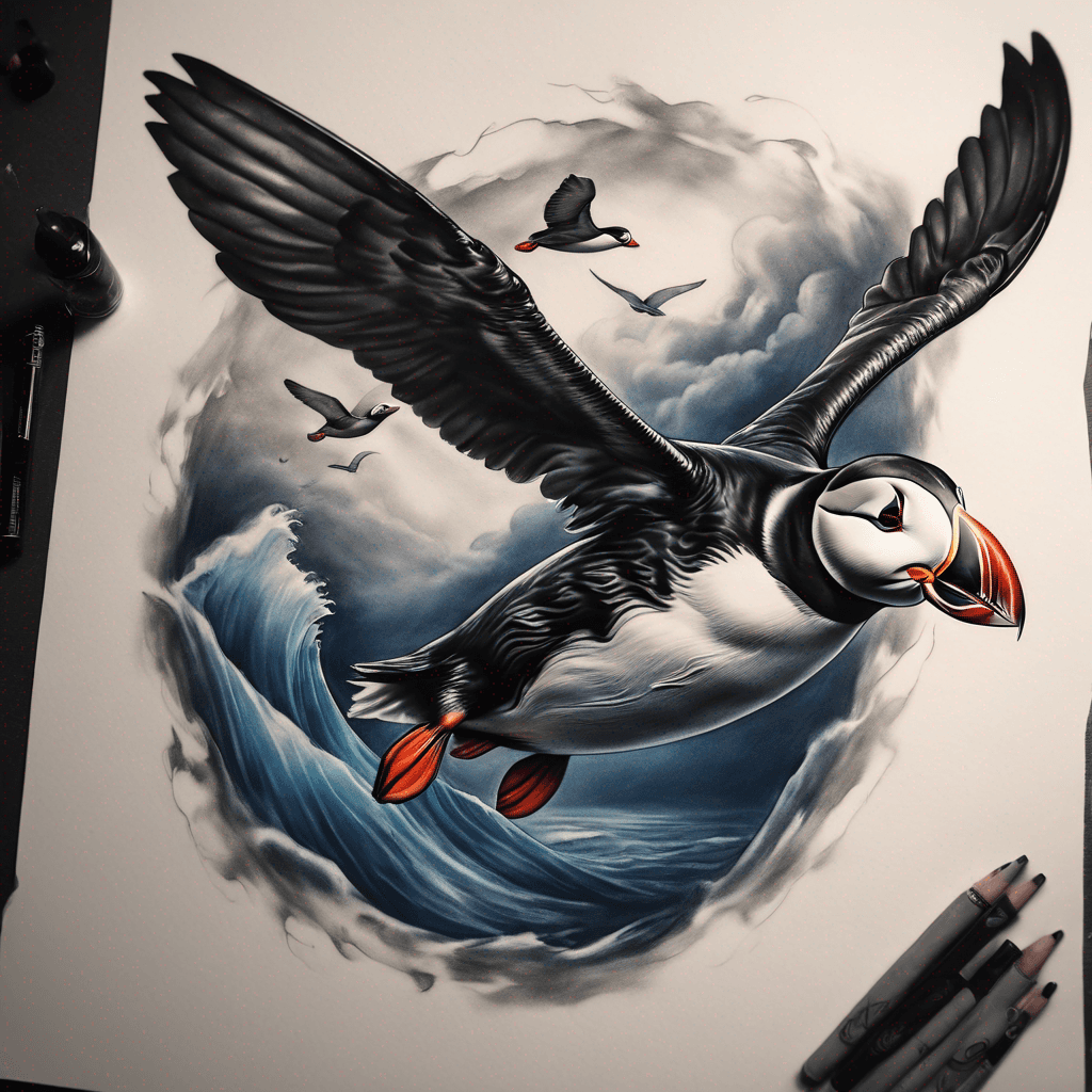 Puffin flying over blue whale
