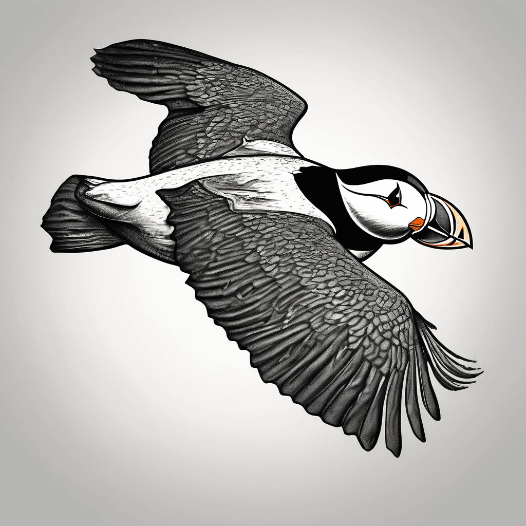 Puffin mid-flight, w whale, fine line