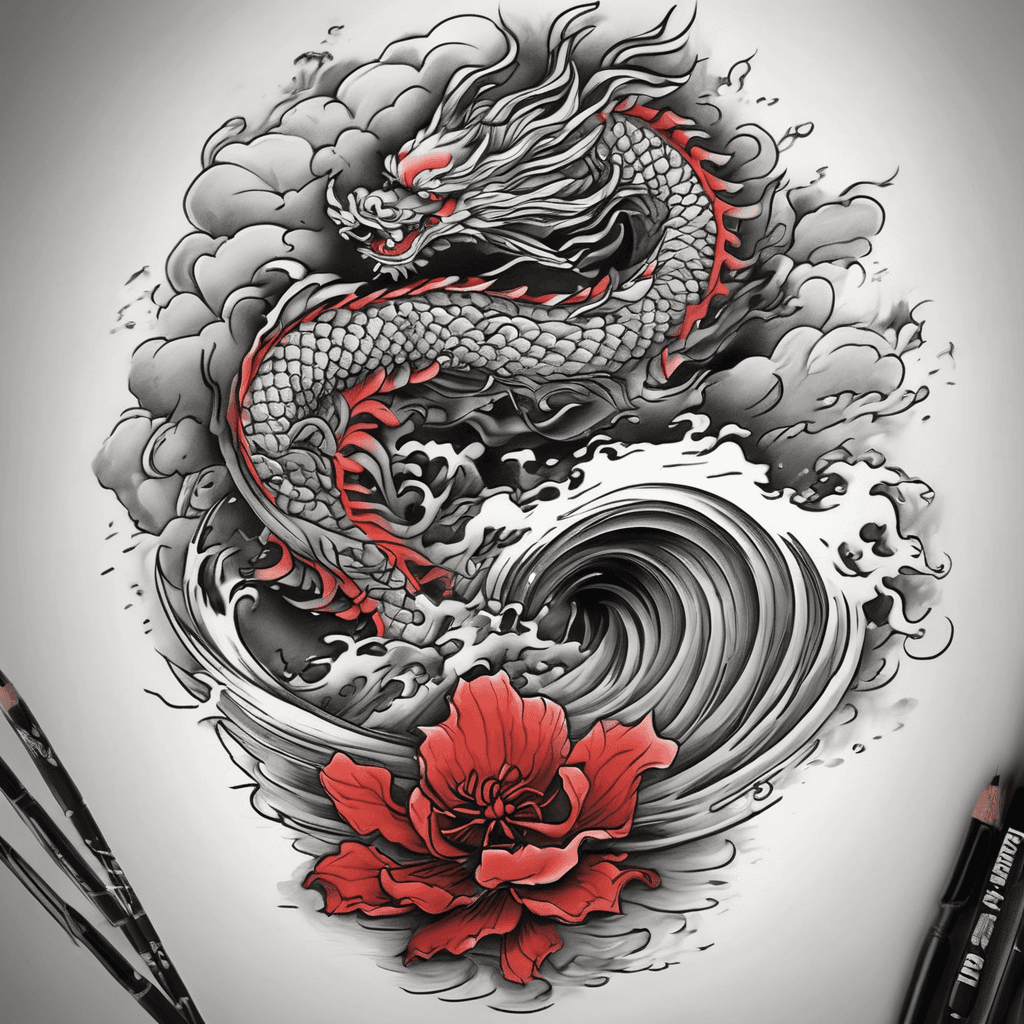 Inner forearm tattoo: flowing sumi-e cloud and wave connector in black & gray with red accents, harmonizing samurai, Shaolin warrior, temple & dragon.