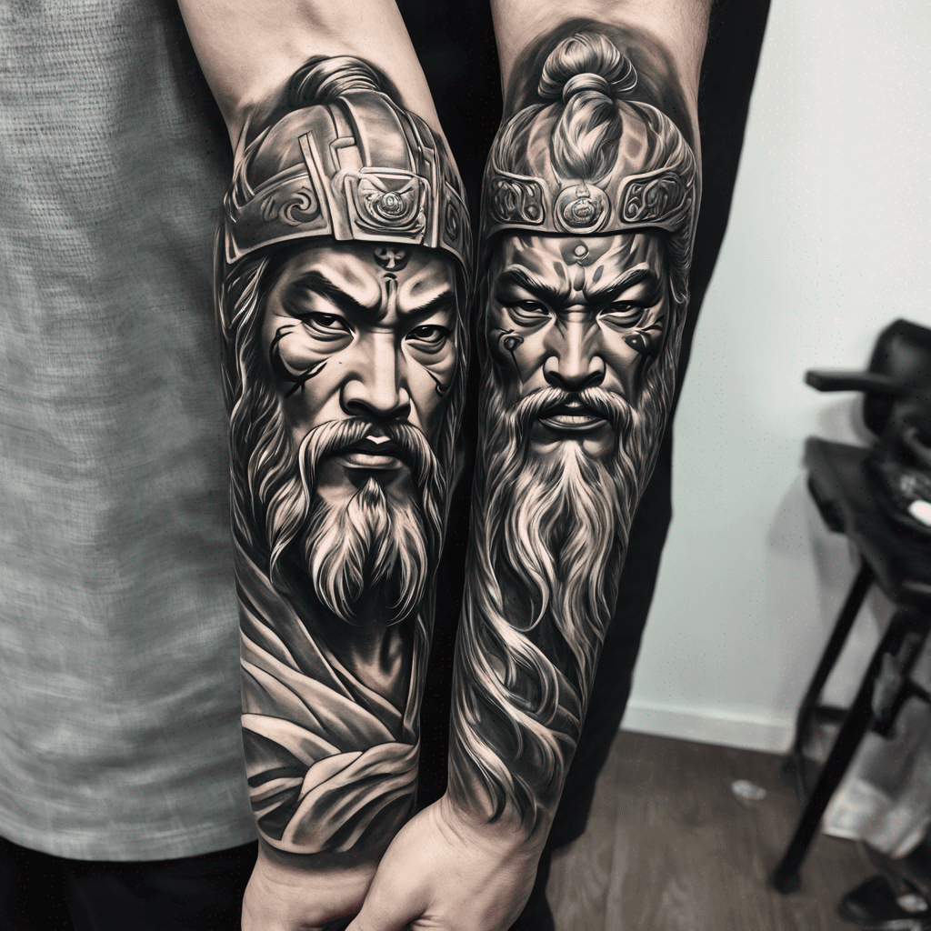 Inner forearm tattoo : harmony with samurai and zeus