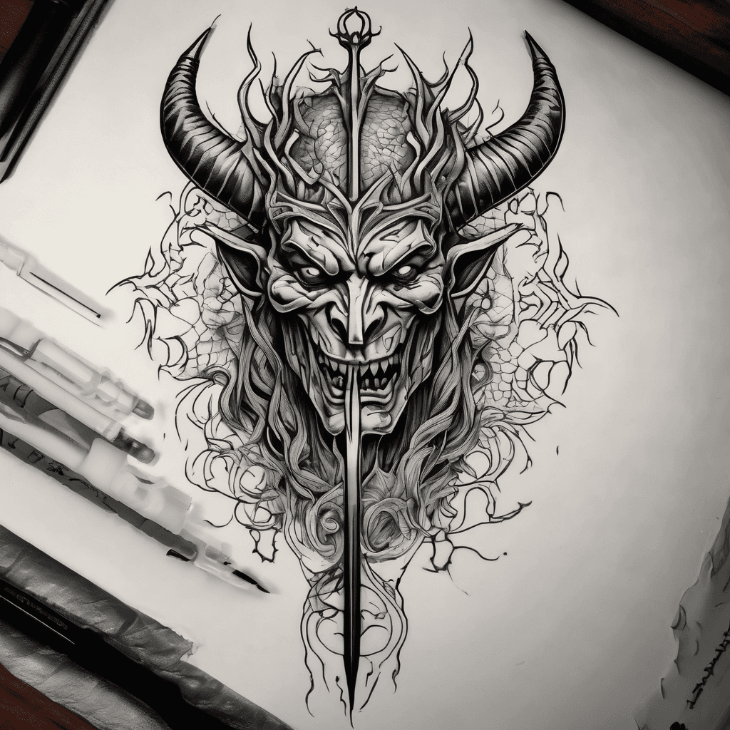 Neo-traditional devil trident: ornate barbed prongs, twisted black-iron shaft, occult runes, bold blackwork, dotwork stippling, crisp lines, forearm.