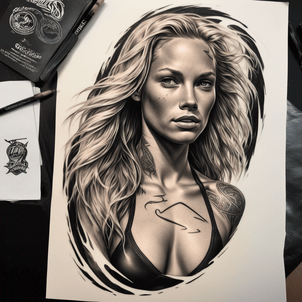 Full-body blonde surfer girl, long windswept hair, bikini, dynamic surfboard pose, clean black fineline, dot shading, minimal waves, tattoo-style
