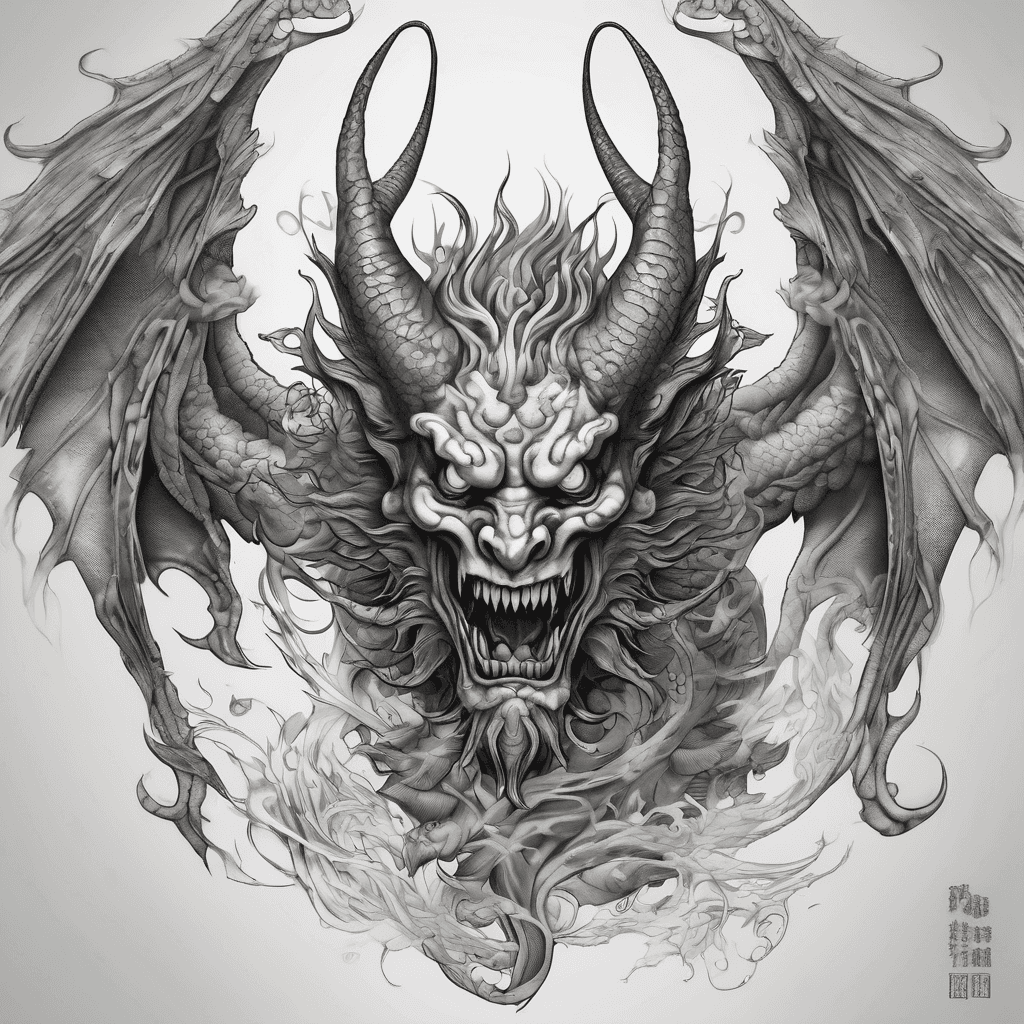 A demon standing on one side with its wings covering part of it. There should also be red flames around it.