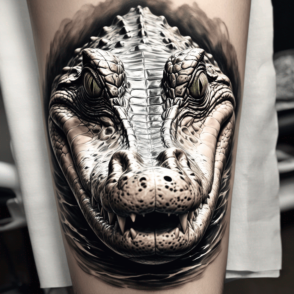Hyperrealistic saltwater crocodile, swimming head-on toward viewer; foreshortened perspective, detailed scales, water splashes, high-contrast b&w