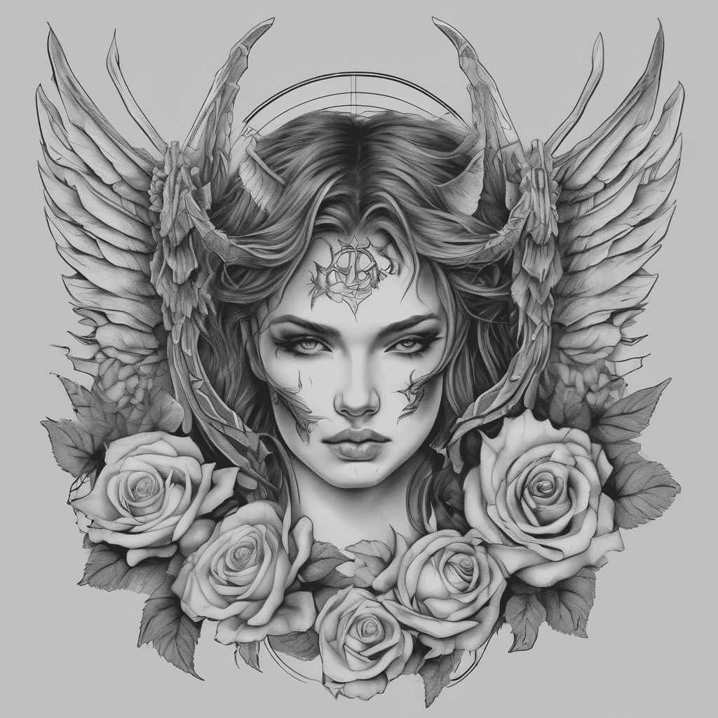 Generated Idea Split portrait: angel feathered wing and halo merging into demon horn, bat wing and ember roses—light and shadow entwined.